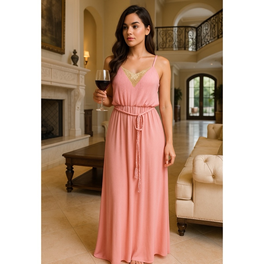Vintage Pink Pleated Lace Trim Maxi Dress Small Evening‎ Gown Home Lounge